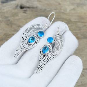 ต่างหูพลอยบลูโทแพซ เงินแท้ 925 ทำมือ สไตล์โบราณ แบบห้อยระย้า หรูหรา สำหรับของขวัญวันแม่ พร้อมใบรับรอง - Product Image 1