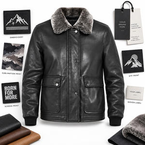 Women Genuine Leather Bomber <b>Jacket</b> Sheepskin <b>Lined</b> <b>Fur</b> Collar Windproof Winter Outerwear Full Sleeve Solid Color - Product Image 5