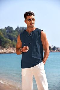 Camisetas sin mangas de lino y algodón para hombre, estilo casual, con cordones, para la playa, estilo hippie. - Product Image 3