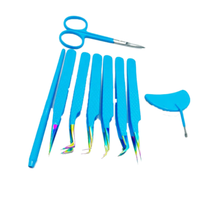 Juego de 9 Pinzas para Pestañas de Acero Inoxidable, Marca Personalizada, Puntas Azul Cielo, Herramientas de Extensión de Pestañas con Punta de Espejo - Product Image 1