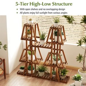 Support à plantes en bois à 5 niveaux pour 10 pots, idéal pour plusieurs plantes de patio, accessoire de mobilier d'extérieur - Product Image 6