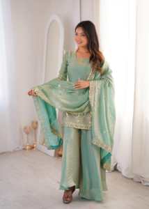 Designer Party Wear Bridal Wear Embroidery Sequence Work Fandy <b>Silk</b> Top With Bottom And Dupatta Fully Stitched Ready To Wear Set - Product Image 1