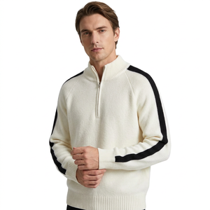Suéter de punto para hombre con bloques de color, cuello simulado acanalado, manga larga, hombros caídos y cremallera de un cuarto, transpirable por delante - Product Image 2