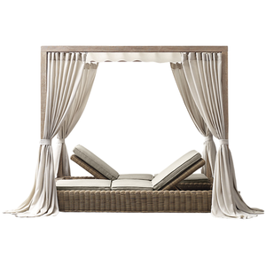 Lit de repos d'extérieur en teck de qualité supérieure, tressé à la main en rotin, double chaise longue avec rideaux, mobilier personnalisé pour hôtels, villas et complexes hôteliers - Product Image 3