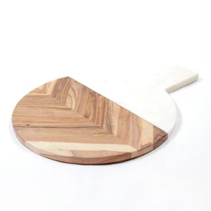 Planche à fromage élégante en marbre rond et bois d'acacia à motif chevron avec poignée en cuir, planche à découper haut de gamme en matériaux mixtes - Product Image 5