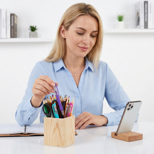 Porte-crayons en bois, organiseur de bureau avec finition naturelle pour le bureau et l'école, construction durable - Product Image 1