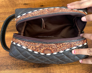 Designer Diamond Lattice Hand Tooled Quilted Leather Travel Cosmetic <b>Bag</b> Designer Makeup <b>Bag</b> Multifunctional Travel Toiletry <b>Bag</b> - Product Image 6