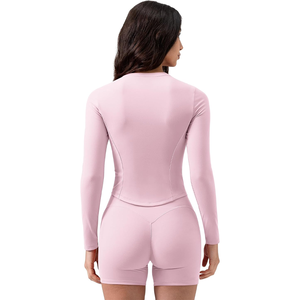 Combinaison de yoga sans couture rose à manches longues pour femme, col rond, couleur unie, manches longues, tenue de sport ajustée - Product Image 2