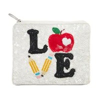 Pochette carrée en feutre non tissé faite main avec sequins et perles, motif amour brodé, mini pochette zippée, sac cadeau pour Apple Pencil