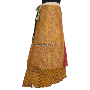 Bohemian Silk Sari <b>Skirt</b> Magic <b>Wrap</b> <b>Skirt</b> Indian Vintage Vintage 2 Layer Silk Sari Magic <b>Wrap</b> Around Dress Beach Cover up Wear - Product Image 1