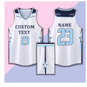 Conjunto de Uniforme de Baloncesto Sublimado Personalizado, Blanco con Estrellas Azules 23, Unisex para Adultos, Camiseta sin Mangas y Pantalones Cortos que Absorben la Humedad - Product Image 3