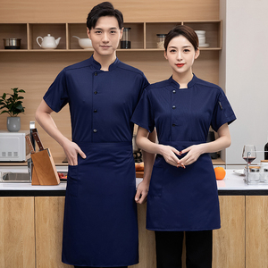 Unisex White Blue <b>Black</b> Cotton Chef Uniforms Short-Sleeved Top Chef Attire Restaurant & Bar Kitchen Work Wholesale Food <b>Aprons</b> - Product Image 2