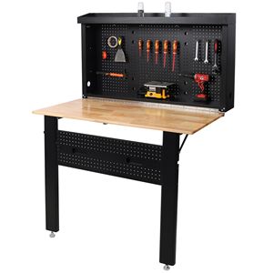 Banco da Lavoro Pieghevole a Parete Robusto con Superficie in Legno di Gomma e Pannello Forato per Utensili, Salvaspazio, Nuovo, per Edilizia - Product Image 4