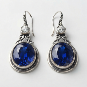 Boucles d'oreilles pendantes bohèmes en argent sterling avec saphir bleu, cabochon ovale, style vintage, pour femme, certifiées IGI, pour mariage, chrétiennes - Product Image 1