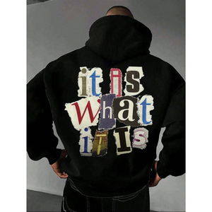 Winter Oversized <b>Hoodie</b> with Printed <b>Zip</b>-Front Kangaroo <b>Pockets</b> & Ribbed Hem Cuffs Black Dropped Shoulders-OEM Serviced - Product Image 1