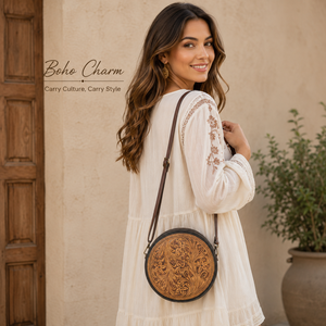 Handcrafted Genuine Leather Round Sling Bag for Women Floral Tooled Crossbody Purse Vintage Western Boho Shoulder <b>Handbag</b> <b>Medium</b> - Product Image 2