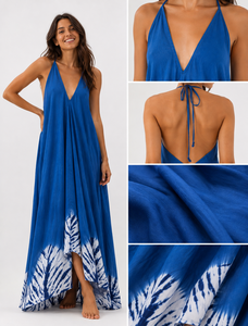 Robe longue bohème bleue pour femme, col plongeant en V, dos nu, pour soirée, 100 % coton, coupe trapèze, vente en gros, fournisseur direct d'usine - Product Image 4