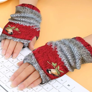 Guantes de invierno sin dedos con patrón de pájaros bordados personalizados, calentadores de brazos tejidos cálidos al por mayor, mitones de medio dedo para mujer - Product Image 3