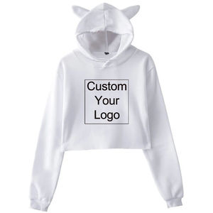 Custom Logo Women's Pink Cropped <b>Hoodie</b> <b>With</b> <b>Cat</b> <b>Ears</b> Applique Casual Sweatshirt Front Print Design - Product Image 4
