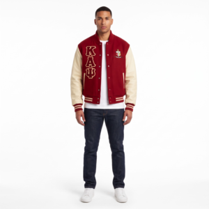 Chaqueta Varsity de Piel de Becerro y Lana Melton de 550 g/m², Personalizada OEM, para Hombre, Estilo Minimalista con Bordado Griego, Ropa Exterior Tipo Letterman - Product Image 1