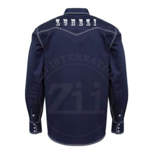 Chemise de travail bleu marine à manches longues avec poches poitrine et surpiqûres contrastées, patch logo ZI, vente en gros, personnalisable, sécurité pour le soudage CAT 2 - Product Image 3