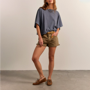 Women's Oversized Cold Shoulder T-Shirt Solid Color Crew Neck Ruched Detail 100% Cotton Summer <b>Batwing</b> Sleeve Plus Size <b>Top</b> - Product Image 4