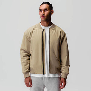 <b>Men's</b> <b>Khaki</b> Bomber Jacket Solid Color Stand Collar Zipper Closure Casual Winter Wear Polyester Material Front Logo Streetwear - Product Image 3