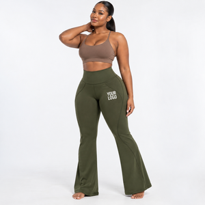 High Waist Flared Leg <b>Yoga</b> <b>Pants</b> Solid Color <b>Plus</b> <b>Size</b> Women Activewear Elastic Waist Full Length With Logo Print Right Leg - Product Image 1