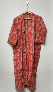Handmade Floral Print 100% Cotton <b>Long</b> Sleeve V-neck <b>Kimono</b> Robe-Lightweight Summer Nightwear Lounge Wear One Size - Product Image 2