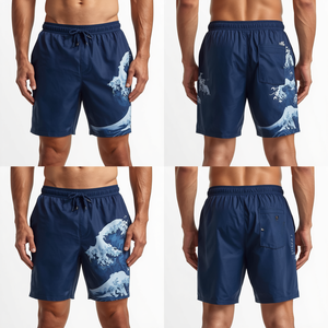 Shorts de bain modernes pour hommes, motif vague côtière, avec impression numérique premium, tissu léger à séchage rapide et style athlétique pour la plage - Product Image 4