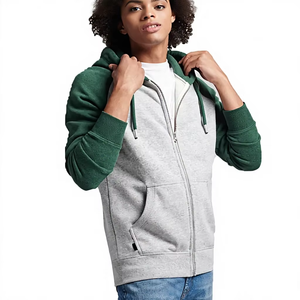 Unisex Hooded Zip-Up <b>Sweatshirt</b> <b>Grey</b> Green Cotton French Terry Casual Autumn Regular Fit Pocket Design - Product Image 3