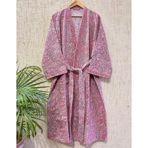 Premium Pink <b>Waffle</b> <b>Block</b> Printed Cotton Bathrobe Lightweight Quick Dry Handcrafted Luxury Spa Kimono Cotton Loungewear Robe - Product Image 1