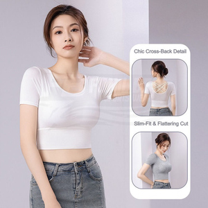 <b>Support</b> Custom Logo Front Cross <b>Back</b> Yoga Crop Top Women's Short Sleeve Breathable Built-in Bra Plus Size Quick Dry Activewear - Product Image 2