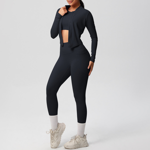 High Quality Fitness <b>Yoga</b> Three Piece Suit Long Sleeved Zipper Cardigan <b>Jacket</b> Long Sleeved Vest and <b>Yoga</b> Pants with Pockets - Product Image 3