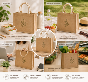 Sac de courses en jute de taille moyenne avec motif de feuilles brodé et poignée supérieure - Product Image 3