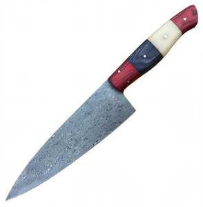 Couteau de chef artisanal OEM en acier Damas Raindrop avec pointe en goutte de pluie, 30,5 cm, manche en bois de Pakka rouge et os blanc - Product Image 3