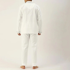 <b>Men's</b> White Long Sleeve Cotton <b>Pajama</b> <b>Set</b> With Black Trim Casual Sleepwear Full Length Pants and Shirt Spring Season Wear - Product Image 2