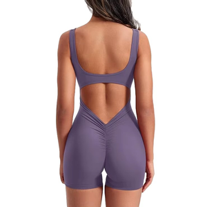 Mono de mujer morado liso con tirantes finos, cintura alta, control de abdomen, faja moldeadora, ropa de yoga, primavera-verano - Product Image 5