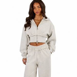 Conjunto de chándal corto con capucha y cremallera completa para mujer, pantalones de pierna ancha con cintura con cordón, conjunto de dos piezas relajado, ropa casual de calle y descanso. - Product Image 3