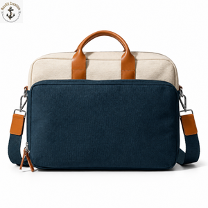 Bolso Mensajero para Portátil de Lona en Dos Tonos |   Bolso Bandolera Color Crema Marino con Asas Dobles, Cierre de Cremallera y Correa Ajustable - Product Image 1