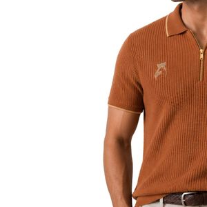 Brown <b>Orange</b> Men Knitted <b>Polo</b> Shirt Gold Zipper Short Sleeve Luxury Casual Textured Fabric Custom Logo Designer Golf Shirt OEM - Product Image 3