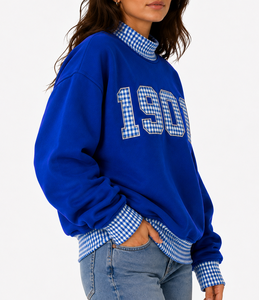 Sweat-shirt pour femme, bleu royal, avec logo appliqué sur le devant, motif à carreaux 1901, 200g, col rond, coupe classique, pull-over, vêtements décontractés d'automne - Product Image 3