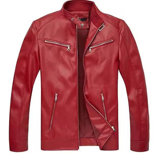 Chaqueta de Cuero para Motocicleta Roja Ajustada para Hombre |   Elegante Chaqueta de Motociclista con Bolsillos con Cremallera |   Chaqueta de Cuero Transpirable para Invierno y Actividades al Aire Libre - Product Image 1