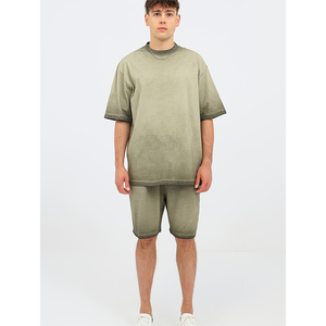 Men's <b>Olive</b> <b>Green</b> Cotton <b>T</b>-<b>Shirt</b> and Shorts Set Crew Neck Solid Color Casual Summer Outfit Breathable Knitted Wear - Product Image 1