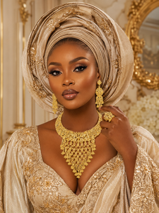 Luxury Nigerian African Bridal 18K Gold Plated <b>Statement</b> <b>Necklace</b> Earrings Set for Wedding Party - Product Image 3
