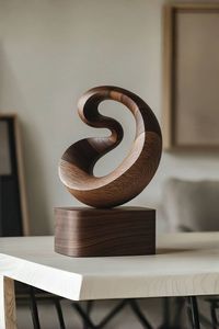 Sculpture en bois moderne artisanale, décoration artistique écologique, ornement de table ou sur pied en forme d'infini pour salon - Product Image 2