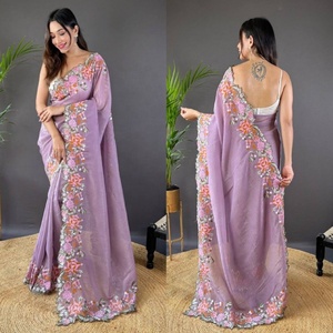 Saree en soie brillante lourde et douce de créateur, broderie traditionnelle, mariage indien pakistanais, fêtes pour adultes, mode fantaisie - Product Image 1