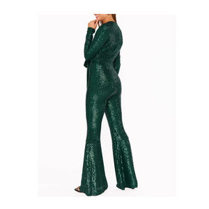 Mono elegante de fiesta de una pieza con cuello en V pronunciado, lentejuelas, manga larga y pierna ancha acampanada para mujer, personalizado OEM - Product Image 2