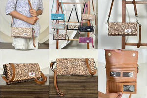 Nouvelle Pochette à Main Trifold en Cuir Véritable Fait Main Personnalisée avec Motifs Floraux, Grande Capacité, Portefeuille Bandoulière pour Femme - Product Image 3