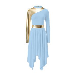 Tenue de danse tendance pour femmes, robe patchwork contrastée à manches longues et ourlet asymétrique - Product Image 3